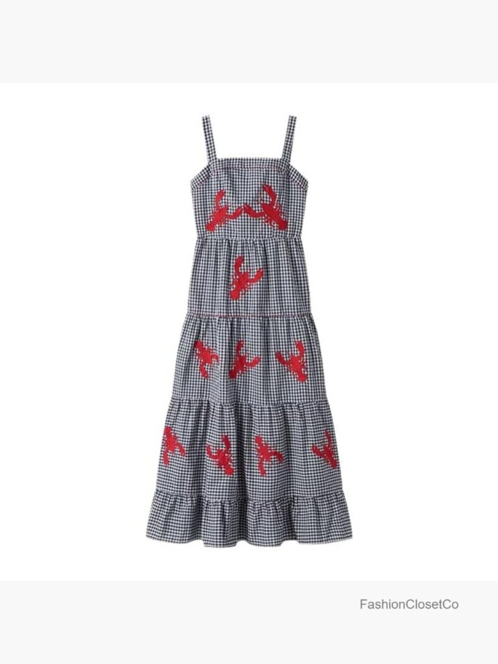 Gingham Lobster Print Maxi Dress Ruffle Linen Sun Dress - Picture 4 of 6